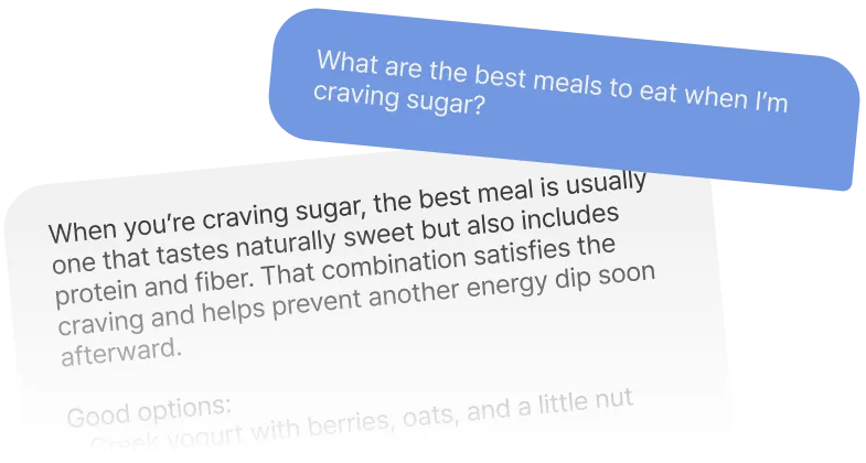 A chat with Nurelio's AI assistant answering a question about last week's meals from the user's own log