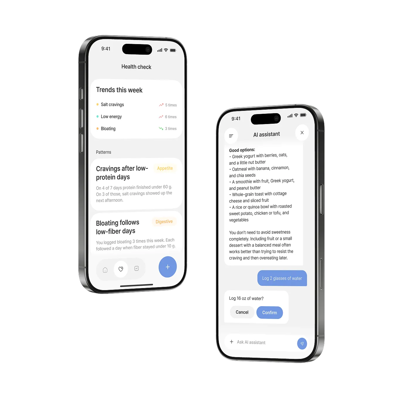 A Nurelio pattern card linking an evening meal to poor sleep, with the AI assistant explaining the connection